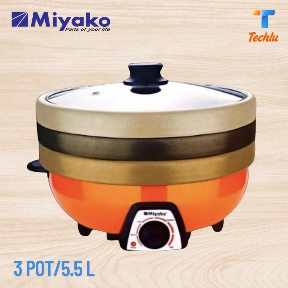 Miyako 3 Pot Multi cooker, Electric Curry Cooker With 3 Pot, Removable non-stick pan, Automatic cooking and warming system MC-550T (5.5 LTR)