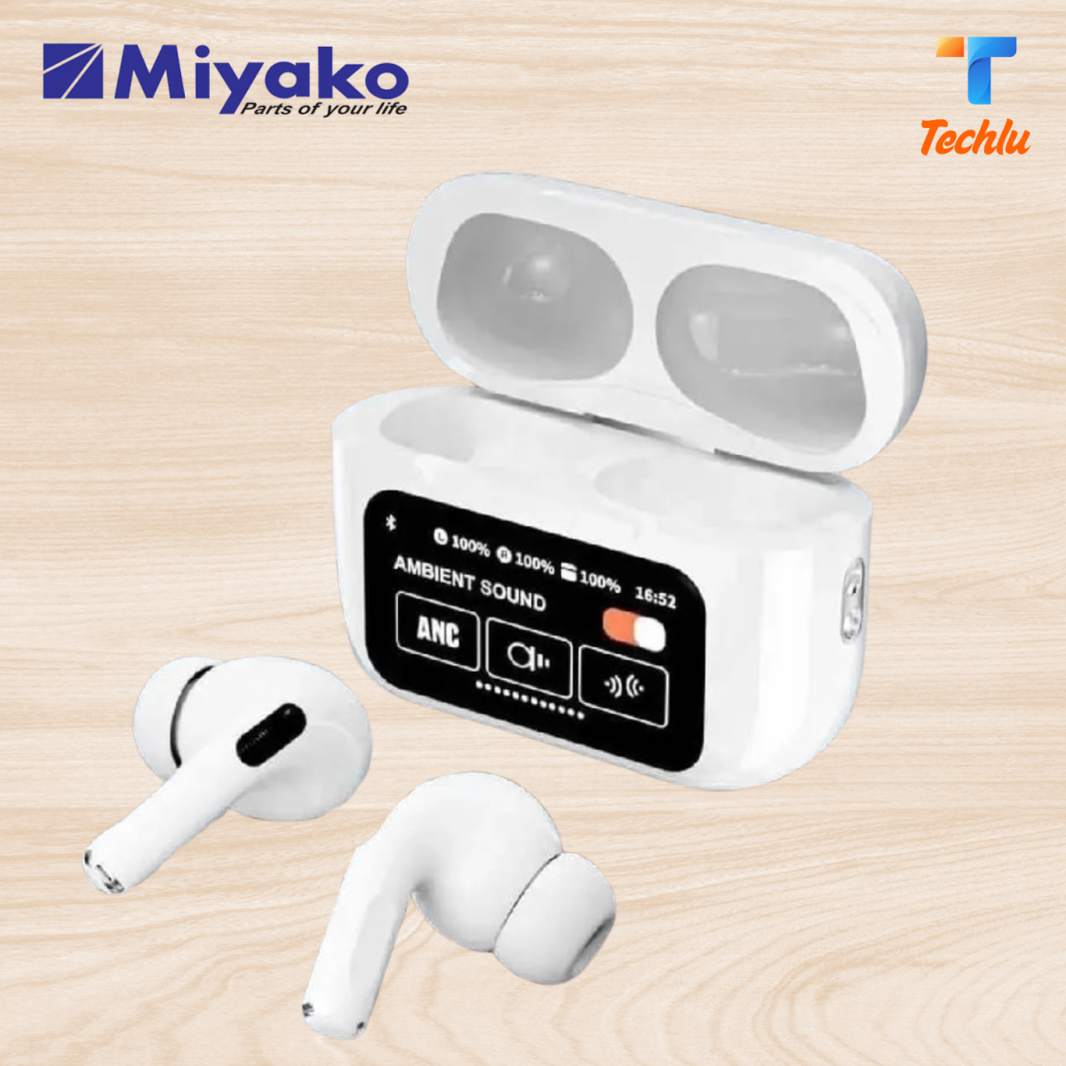 airpods with displaay white Touchscreen Display: "Control your music, calls, and more with just a swipe on the touchscreen. No need to fumble with buttons." Active Noise Cancellation (ANC): "Immerse yourself in your music with advanced ANC that blocks out unwanted noise, perfect for commuting or studying." Environmental Noise Cancellation (ENC): "Enjoy crystal-clear calls even in noisy environments thanks to ENC technology." Sleek Design: "Stylish and comfortable, these earbuds are a perfect fit for your lifestyle." Long Battery Life: "Listen to your favorite tunes for hours on a single charge." Wireless Charging: "Conveniently charge your earbuds wirelessly with a compatible charging pad."